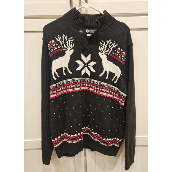 Chaps Sweater Men's Large Black Christmas Fair isle Reindeer Snowflake VTG - Picture 1 of 5